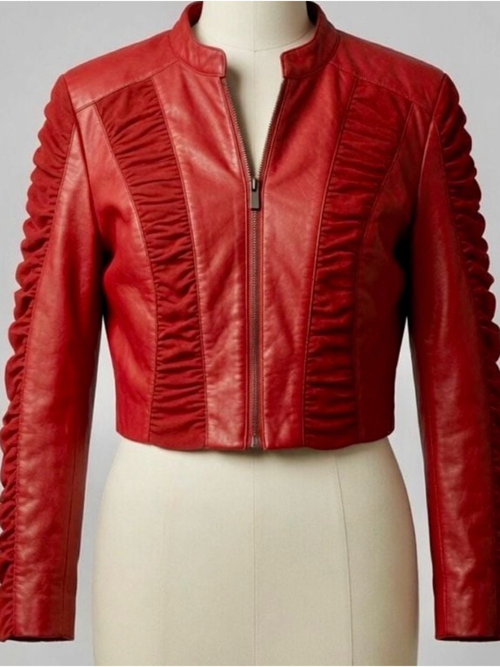 New Look Red Cropped Leather-Look Zip Jacket Size SM
